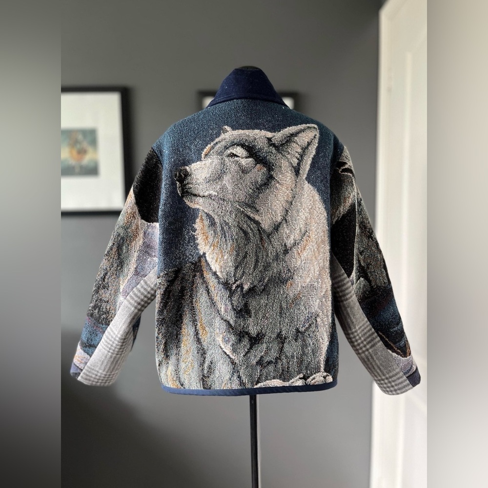 Tapestry blanket jacket, crafted from secondhand textiles, ladies' size S-L